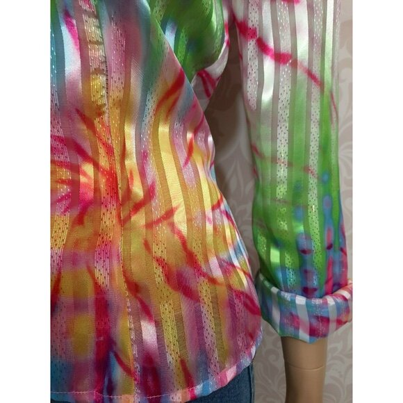 Vintage 90s Tie Dye Print Sheer Shimmery Blouse Size S White Button Front - Picture 8 of 12